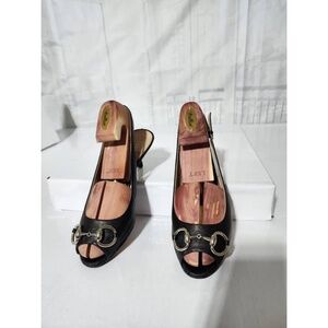 Authentic Gucci Leather Horsebit Peep Toe Platform Pumps Black Size 39